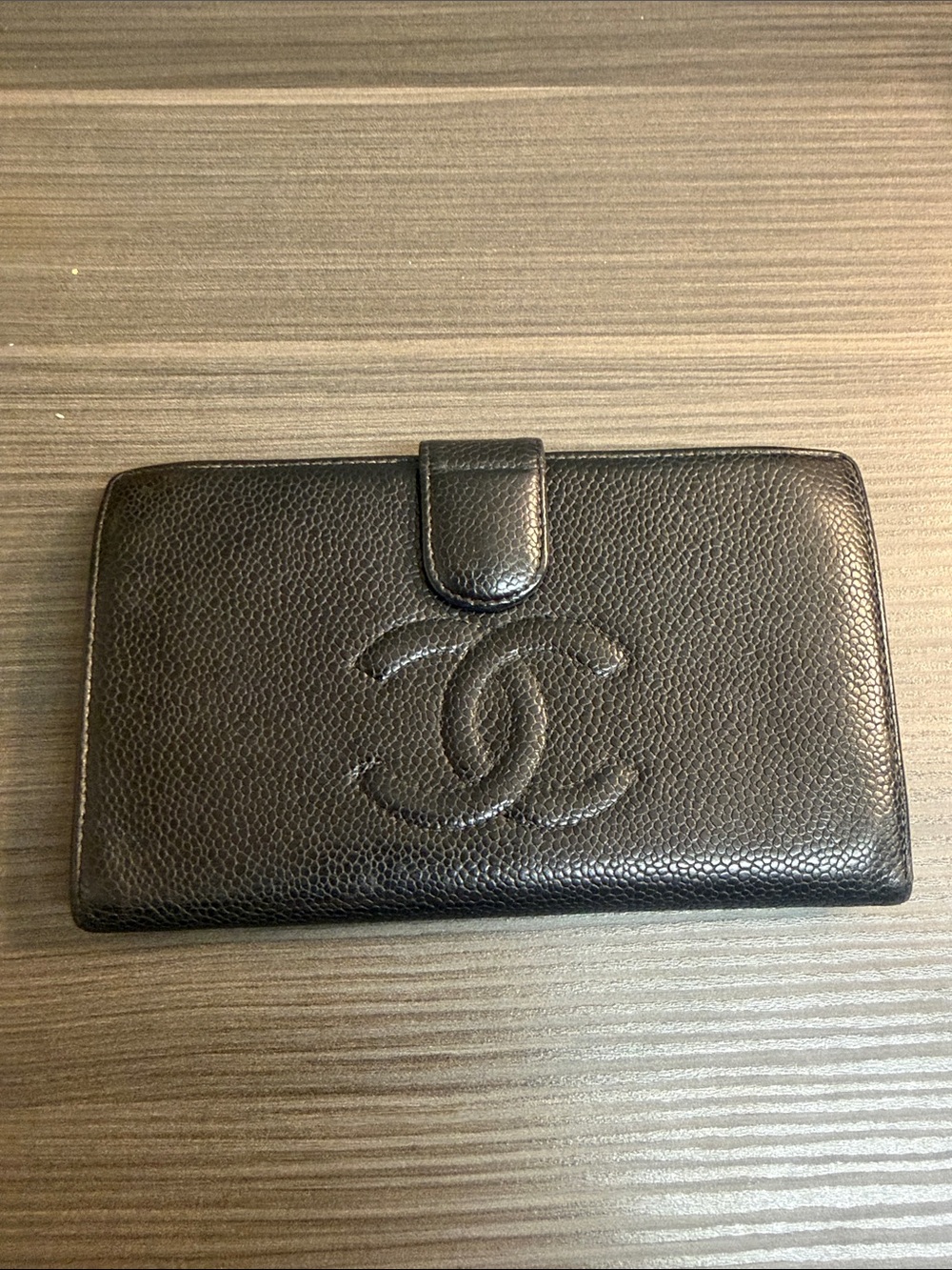 CHANEL Black Quilted Leather  Wallet   with Embossed Logo